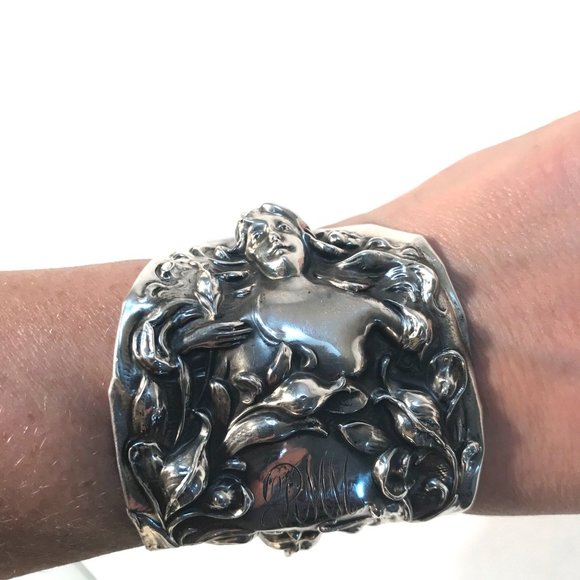 Rare Antique Goddess Sterling Silver Cuff Bracelet Victorian 925 Lady Face Wide - Picture 6 of 11
